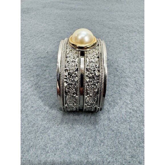 Vintage Art Deco Statement Cuff Bangle Bracelet Filigree Faux Pearl Silver Tone - Picture 4 of 8